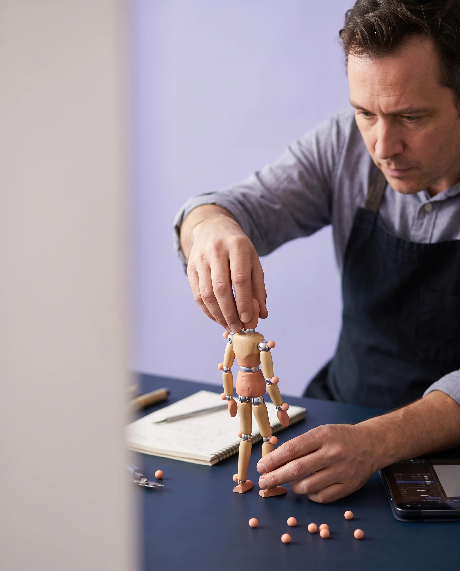 A hand adjusting a small articulated maquette on a work table