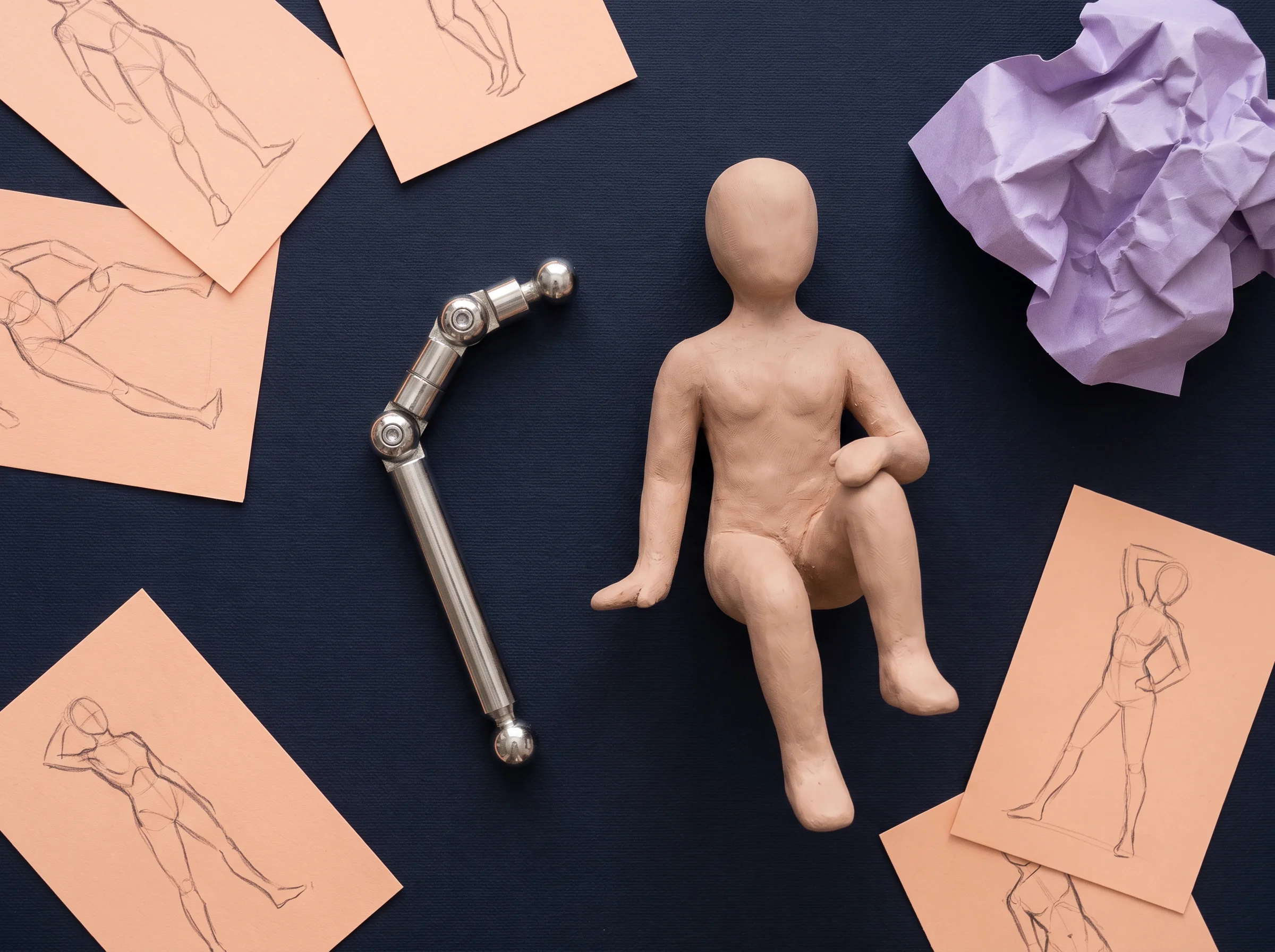 A wooden articulated figure with sketch papers and a silver jointed arm