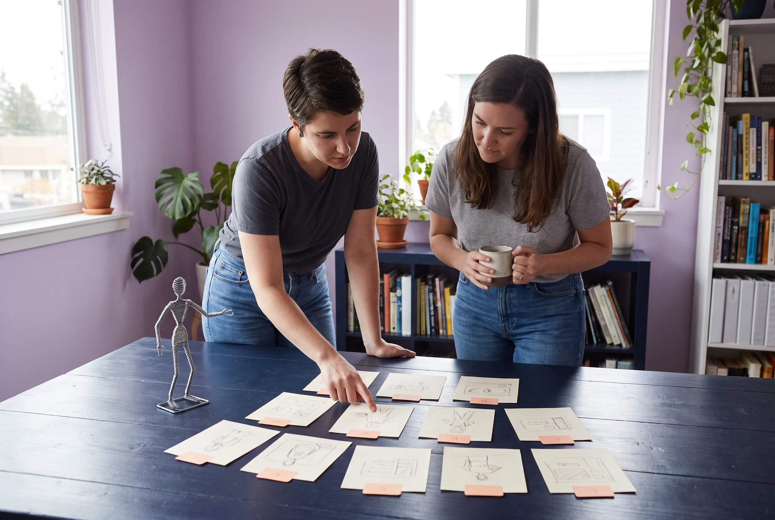 Two people arranging pose studies and reference papers on a table