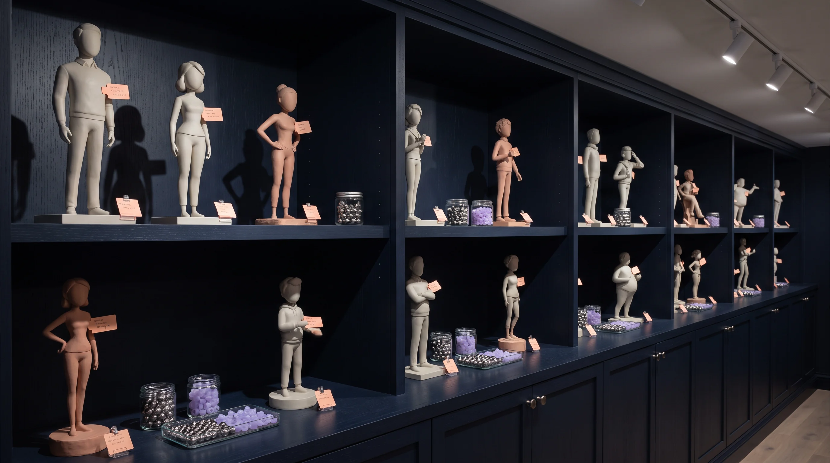 A display cabinet of varied figure maquettes