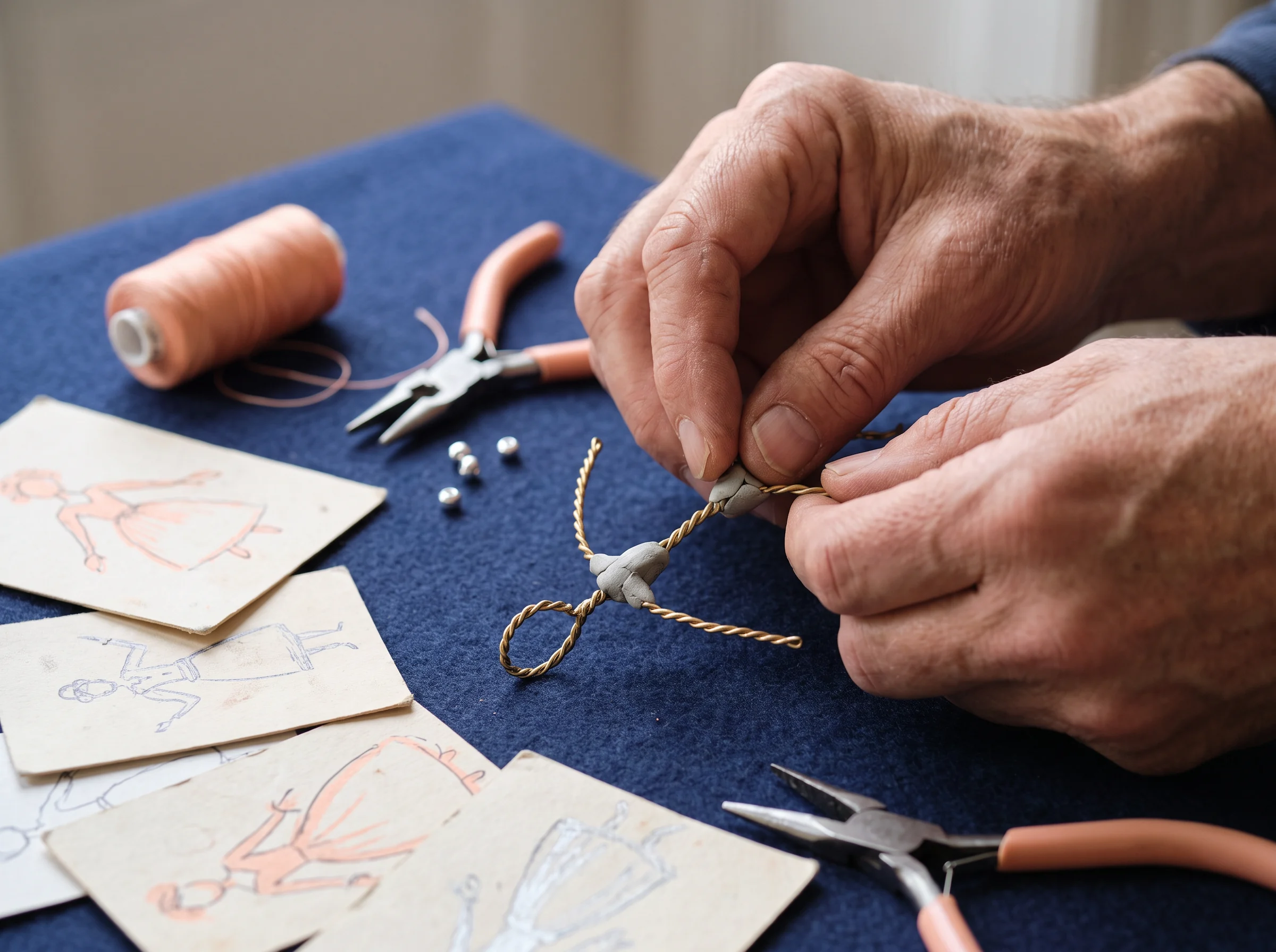 Hands attaching wire and a limb to a small maquette