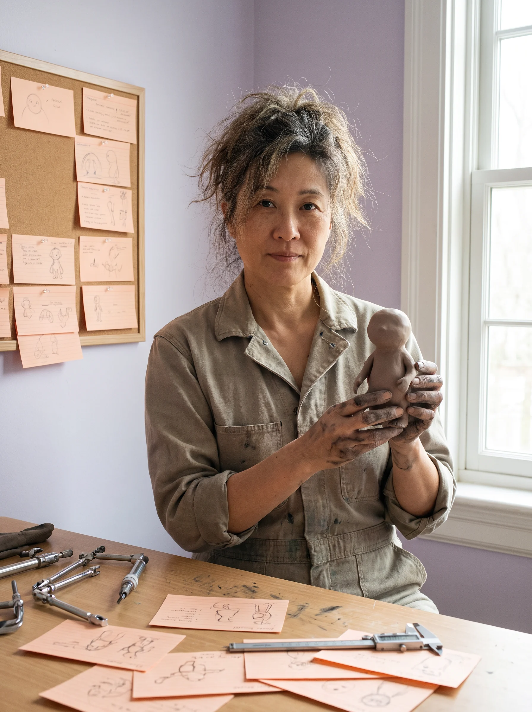 A maker holding a small articulated maquette beside notes